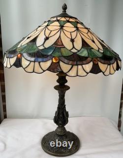 Vintage Colorful Tiffany Style Stained Glass Table Lamp 26X21 Tested