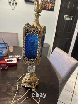 Vintage Gothic Regency Lamp 1970's Standing Lamp With Stain Blue Glass Vintage Gothic Regency Lamp 1970's Standing Lamp With Stain Blue Glass