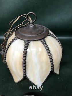 Vintage Hanging Tulip Lamp Pendant Light Stained Caramel Slag Glass