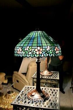 Vintage Large Tiffany Style Art Stained Glass Lamp Flowers Metal Base