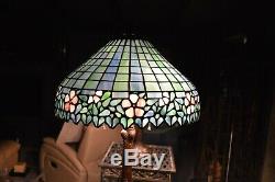 Vintage Large Tiffany Style Art Stained Glass Lamp Flowers Metal Base