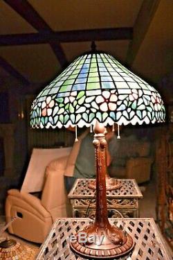 Vintage Large Tiffany Style Art Stained Glass Lamp Flowers Metal Base