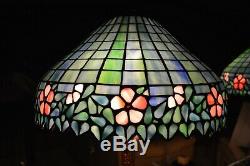 Vintage Large Tiffany Style Art Stained Glass Lamp Flowers Metal Base