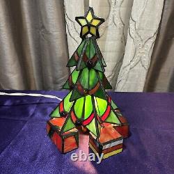 Vintage Leaded Stained Glass Christmas Tree Tiffany Style Illuminated Table Lamp