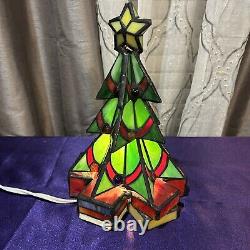 Vintage Leaded Stained Glass Christmas Tree Tiffany Style Illuminated Table Lamp