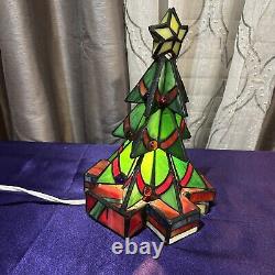 Vintage Leaded Stained Glass Christmas Tree Tiffany Style Illuminated Table Lamp