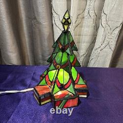 Vintage Leaded Stained Glass Christmas Tree Tiffany Style Illuminated Table Lamp