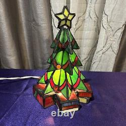 Vintage Leaded Stained Glass Christmas Tree Tiffany Style Illuminated Table Lamp