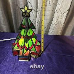 Vintage Leaded Stained Glass Christmas Tree Tiffany Style Illuminated Table Lamp