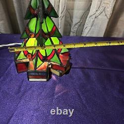 Vintage Leaded Stained Glass Christmas Tree Tiffany Style Illuminated Table Lamp