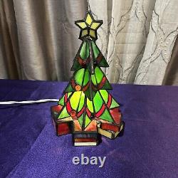 Vintage Leaded Stained Glass Christmas Tree Tiffany Style Illuminated Table Lamp