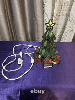 Vintage Leaded Stained Glass Christmas Tree Tiffany Style Illuminated Table Lamp