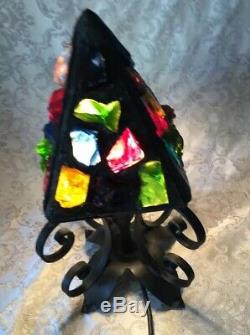 Vintage Leaded Stained Glass Wrought Iron Table Lamp /porch Lamp Chunky Multico