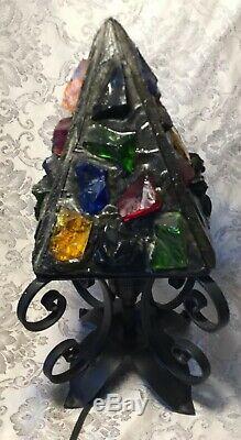Vintage Leaded Stained Glass Wrought Iron Table Lamp /porch Lamp Chunky Multico