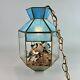 Vintage Mcm Tiffany Hanging Swung Pendant Light Terrarium Blue Stained Glass