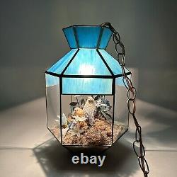 Vintage MCM Tiffany Hanging Swung Pendant Light Terrarium Blue Stained Glass