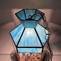 Vintage MCM Tiffany Hanging Swung Pendant Light Terrarium Blue Stained Glass