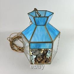 Vintage MCM Tiffany Hanging Swung Pendant Light Terrarium Blue Stained Glass