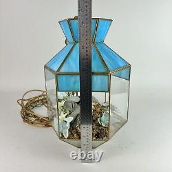 Vintage MCM Tiffany Hanging Swung Pendant Light Terrarium Blue Stained Glass