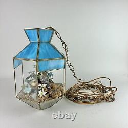 Vintage MCM Tiffany Hanging Swung Pendant Light Terrarium Blue Stained Glass