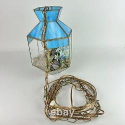 Vintage MCM Tiffany Hanging Swung Pendant Light Terrarium Blue Stained Glass