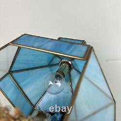 Vintage MCM Tiffany Hanging Swung Pendant Light Terrarium Blue Stained Glass