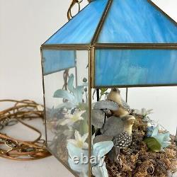 Vintage MCM Tiffany Hanging Swung Pendant Light Terrarium Blue Stained Glass