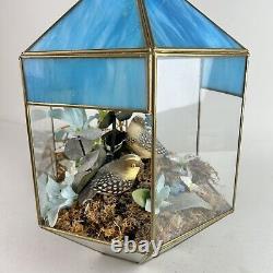 Vintage MCM Tiffany Hanging Swung Pendant Light Terrarium Blue Stained Glass