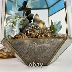 Vintage MCM Tiffany Hanging Swung Pendant Light Terrarium Blue Stained Glass