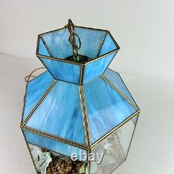 Vintage MCM Tiffany Hanging Swung Pendant Light Terrarium Blue Stained Glass