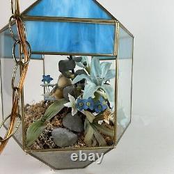 Vintage MCM Tiffany Hanging Swung Pendant Light Terrarium Blue Stained Glass