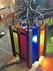 Vintage Mid Century Modern Color Stain Glass Iron Gothic Hanging Swag Lamp Rare