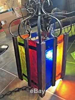 Vintage Mid Century Modern Color Stain Glass Iron Gothic Hanging Swag Lamp RARE