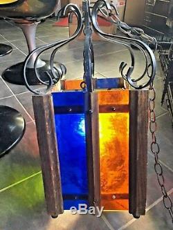 Vintage Mid Century Modern Color Stain Glass Iron Gothic Hanging Swag Lamp RARE