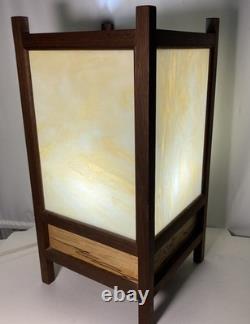 Vintage Mid Century Stained Glass & Teakwood Light Box Table Lamp-19x10x10-EUC