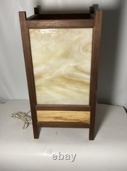 Vintage Mid Century Stained Glass & Teakwood Light Box Table Lamp-19x10x10-EUC