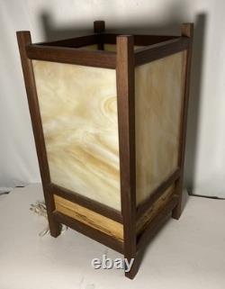 Vintage Mid Century Stained Glass & Teakwood Light Box Table Lamp-19x10x10-EUC