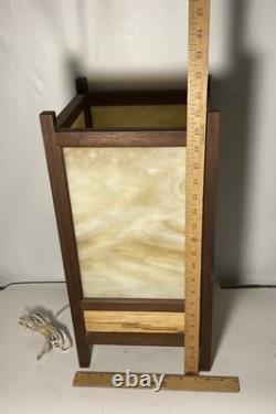 Vintage Mid Century Stained Glass & Teakwood Light Box Table Lamp-19x10x10-EUC