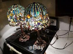 Vintage Pair 22 Tiffany Style Lamp Stained Glass Roses Motive Heavy Base