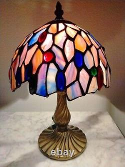 Vintage Petite Tiffany Style Bronze Lamp & Stained Glass Shade 11 Tall