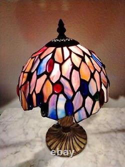 Vintage Petite Tiffany Style Bronze Lamp & Stained Glass Shade 11 Tall