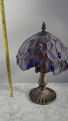 Vintage Petite Tiffany Style Bronze Lamp & Stained Glass Shade 11 Tall