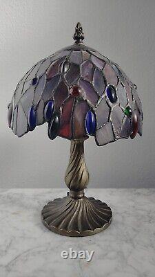 Vintage Petite Tiffany Style Bronze Lamp & Stained Glass Shade 11 Tall