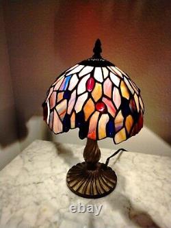 Vintage Petite Tiffany Style Bronze Lamp & Stained Glass Shade 11 Tall