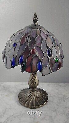 Vintage Petite Tiffany Style Bronze Lamp & Stained Glass Shade 11 Tall