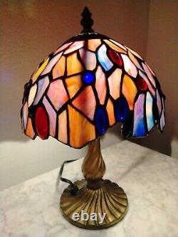 Vintage Petite Tiffany Style Bronze Lamp & Stained Glass Shade 11 Tall