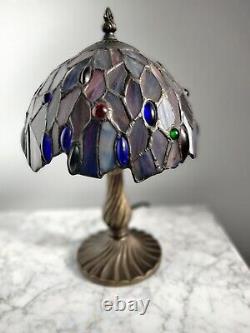 Vintage Petite Tiffany Style Bronze Lamp & Stained Glass Shade 11 Tall