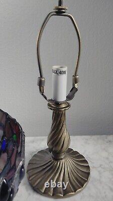 Vintage Petite Tiffany Style Bronze Lamp & Stained Glass Shade 11 Tall