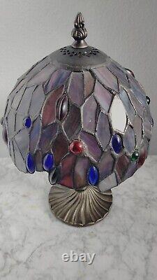 Vintage Petite Tiffany Style Bronze Lamp & Stained Glass Shade 11 Tall