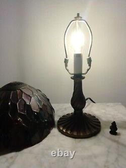 Vintage Petite Tiffany Style Bronze Lamp & Stained Glass Shade 11 Tall